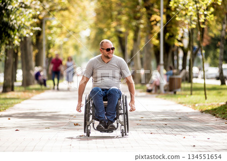 Handicapped man in wheelchair walk at the park alley 134551654