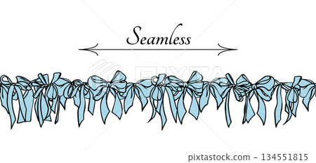 Blue Coquette Ribbon Bow seamless Border. Hand-Drawn Feminine Vintage Frame for wedding invitation, textile, seasonal designs, cards, web banner. Vector Illustration. Blue Coquette Ribbon Bow seamless Border. Hand-Drawn Feminine Vintage Frame for wedding invitation, textile, seasonal designs, cards, web banner. Vector Illustration. 134551815