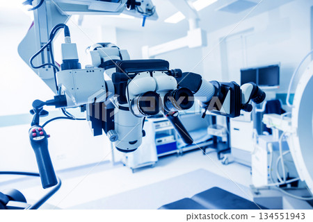 Modern microscope for operations in surgery room at the hospital. 134551943