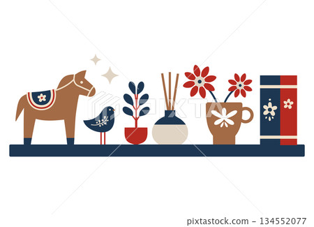 一幅描繪斯堪的納維亞風格室內書架的平面插畫，書架上擺放著一匹達納爾木馬，充滿生機。 134552077