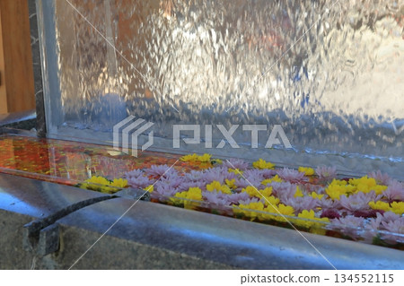 宮地岳神社裡有一個美麗的水池，池中漂浮著花。 134552115