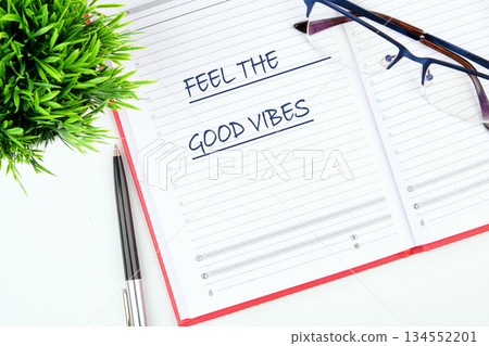 A vibrant open journal displays the words FEEL THE GOOD VIBES. Nearby are chic glasses, a sleek pen, and a petite green plant, all on a pristine white surface A vibrant open journal displays the words FEEL THE GOOD VIBES. Nearby are chic glasses, a sleek pen, and a petite green plant, all on a pristine white surface 134552201