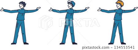 插圖描繪了一名身穿工作服的人,他雙臂伸展,身穿藍色制服。 插圖描繪了一名身穿工作服的人,他雙臂伸展,身穿藍色制服。 134553541
