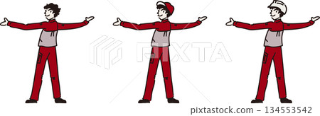 插圖描繪了一名身穿工作服的人,他雙臂伸展,身穿紅色制服。 插圖描繪了一名身穿工作服的人,他雙臂伸展,身穿紅色制服。 134553542