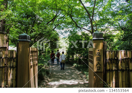 小石川後樂園的入口和綠樹成蔭的小徑，人們漫步於日式庭園。 134553564