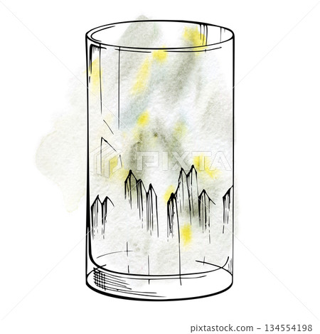 Fresh Mojito lemonade in tall highball collins glass, clear vodka, tequila, water with lemon or lime pulp. Hand drawn mixed ink and watercolor illustration. Bar drink labels, refreshing summer design. Fresh Mojito lemonade in tall highball collins glass, clear vodka, tequila, water with lemon or lime pulp. Hand drawn mixed ink and watercolor illustration. Bar drink labels, refreshing summer design. 134554198
