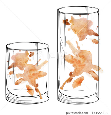 Rocks tumbler, highball collins cocktail glasses with tea, coffee, juice or amber alcoholic drinks, liqueurs. Mixed media watercolor ink artwork for bar illustrations, craft branding, recipe cards. 134554199