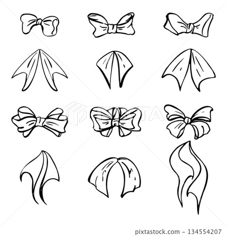 Assorted wide ribbon bows and tail ends in delicate hues, tied in elegant loops. Vector decorative set isolated on white background. Ideal for feminine branding, greeting cards, or event stationery. Assorted wide ribbon bows and tail ends in delicate hues, tied in elegant loops. Vector decorative set isolated on white background. Ideal for feminine branding, greeting cards, or event stationery. 134554207