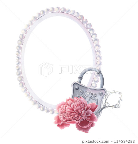 Pearl frame, space, lock, key, peony in the foreground. Hand-painted vintage watercolor illustration isolated on white for vintage party invitations, romantic events, branding, elegant stationery Pearl frame, space, lock, key, peony in the foreground. Hand-painted vintage watercolor illustration isolated on white for vintage party invitations, romantic events, branding, elegant stationery 134554288