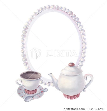 Pearl frame, space for text, teapot, tea set in the foreground. Hand-painted watercolor illustration isolated on white background. Perfect for tea party invitations, card, branding, elegant stationery 134554290
