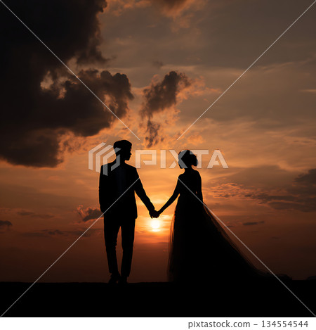 Silhouette of a couple holding hands under the sunset sky 134554544