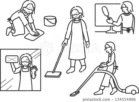 一組描繪一位四十多歲女性打掃房屋的插圖——僅線條畫 134554906