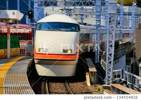 Tobu Limited Express [Spacia] 100 series train going through "Tokyo Skytree Station, old down line platform" 134554916