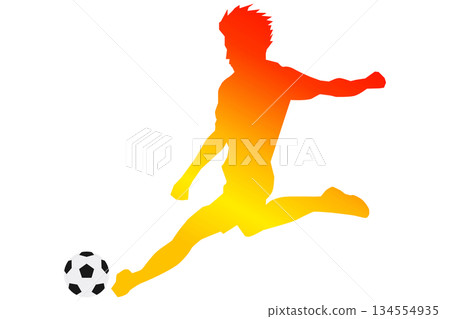 足球員踢球剪影向量圖,紅色到黃色的漸變 足球員踢球剪影向量圖,紅色到黃色的漸變 134554935