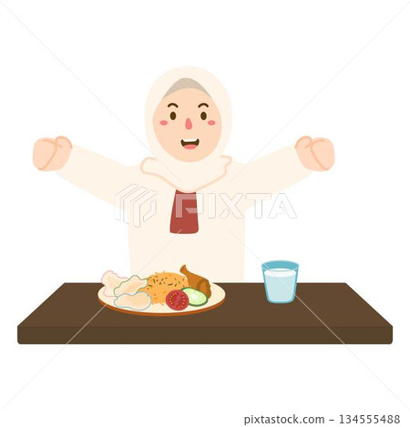 students eat healthy lunch illustration 134555488