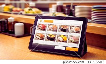 Image of an ordering tablet installed on a table at a conveyor-belt sushi restaurant Image of an ordering tablet installed on a table at a conveyor-belt sushi restaurant 134555509