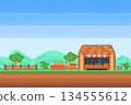 Seed shop with a vegetable plot nearby on blue sky background. pixel art vector illustration, classic 1985 NES era 2D side-scrolling platformer game style. 134555612