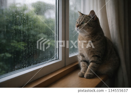 一隻貓靜靜地坐在窗台上，望著窗外。 134555637