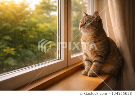 一隻貓懶洋洋地趴在窗邊,夕陽的餘暉灑了進來。 一隻貓懶洋洋地趴在窗邊,夕陽的餘暉灑了進來。 134555638