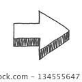 Hand-drawn, loosely-styled, three-dimensional arrow illustration in black 134555647