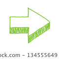 Hand-drawn, loosely-styled, three-dimensional arrow illustration in yellow-green 134555649