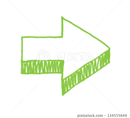 Hand-drawn, loosely-styled, three-dimensional arrow illustration in yellow-green 134555649