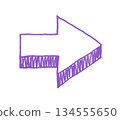 Hand-drawn, loosely-styled, three-dimensional arrow illustration in purple 134555650