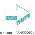 Hand-drawn, relaxed, three-dimensional arrow illustration in light blue 134555651