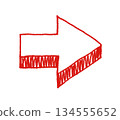 Hand-drawn, loosely-styled, three-dimensional arrow illustration in red 134555652