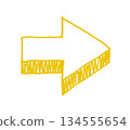 Hand-drawn, loosely-styled, three-dimensional arrow illustration in yellow 134555654