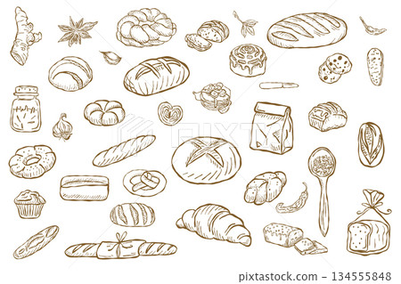Hand drawn bakery bread elements set in vintage outline illustration style Hand drawn bakery bread elements set in vintage outline illustration style 134555848
