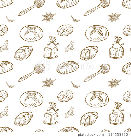 Vintage hand drawn bakery bread seamless pattern in outline style Vintage hand drawn bakery bread seamless pattern in outline style 134555850