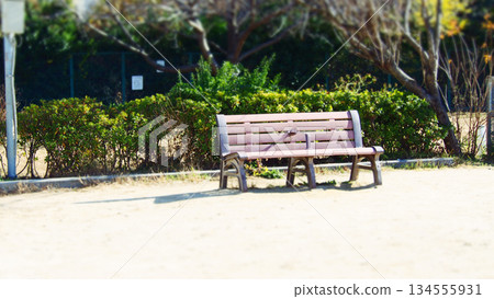 在沒有人的公園的長凳上 134555931