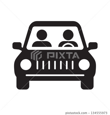 Car with Driver and Passenger, Black and White Vehicle Transportation Sign 134555973
