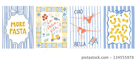 Italian la Dolce Vita cartoon summer poster set. Vacation in Italy. Vector Mediterranean card collection 134555978