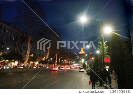 Baratashvili street in Tbilisi - Christ6mas decoration and Sameba in distance Baratashvili street in Tbilisi - Christ6mas decoration and Sameba in distance 134555986