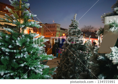 Christmas trees  (artificial or natural)   for sale  in outdoor market  in Tbilisi (or Batumi or Kutaisi) 134555991