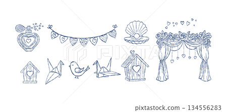 Romantic perfume bottle and wedding floral arch hand drawn doodle vector, origami birds and birdhouse sketch illustration, love heart bunting elements 134556283