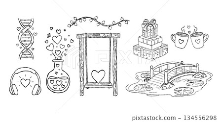 Romantic garden swing and pond bridge valentine hand drawn doodle vector, love potion bottle and DNA hearts sketch illustration, gift elements Romantic garden swing and pond bridge valentine hand drawn doodle vector, love potion bottle and DNA hearts sketch illustration, gift elements 134556298