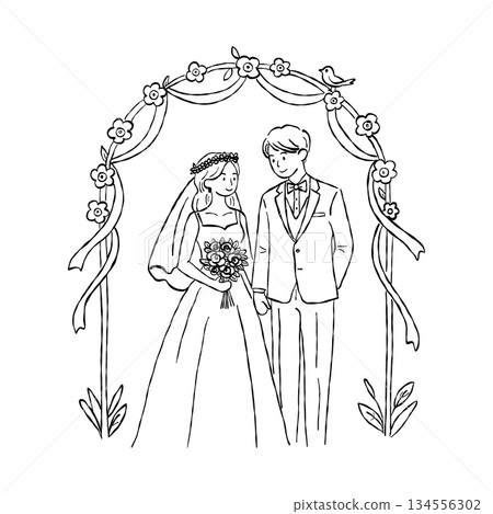 Wedding couple standing under floral arch ceremony hand drawn doodle vector, romantic bride and groom marriage sketch illustration Wedding couple standing under floral arch ceremony hand drawn doodle vector, romantic bride and groom marriage sketch illustration 134556302