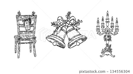 Wedding bells and floral candelabra valentine hand drawn doodle vector, romantic rustic ceremony chair sketch illustration, minimalist love elements 134556304