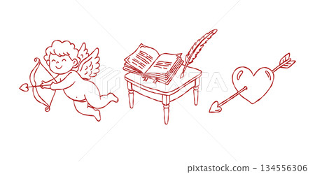 Cute cupid shooting bow and arrow valentine hand drawn doodle vector, romantic love book with quill on table sketch illustration, heart with arrow elements 134556306