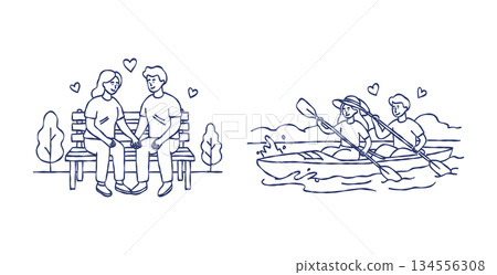 Romantic couple sitting on bench holding hands and rowing boat valentine hand drawn doodle vector, cute love outdoor activities sketch illustration 134556308