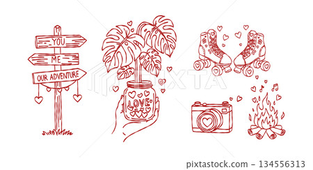 Wooden adventure signpost and monsteras plant valentine hand drawn doodle vector, cute roller skates and campfire sketch illustration, minimalist love elements 134556313