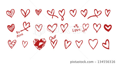 Red heart brush stroke collection valentine hand drawn doodle vector, cute love symbol sketch illustration for wedding, minimalist romantic decorative elements 134556316