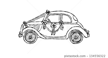 Vintage wedding car with floral decoration valentine hand drawn doodle vector, cute romantic bridal auto sketch illustration, minimalist love vehicle elements 134556322