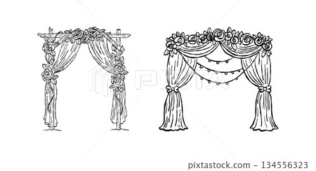 Floral wedding arch and gazebo valentine hand drawn doodle vector, romantic rose altar sketch illustration, minimalist love elements for ceremony decor 134556323