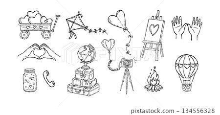 Heart wagon and travel suitcase valentine hand drawn doodle vector, globe and campfire sketch illustration, minimalist love elements for adventure story Heart wagon and travel suitcase valentine hand drawn doodle vector, globe and campfire sketch illustration, minimalist love elements for adventure story 134556328