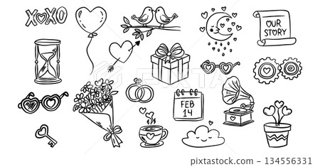 Gramophone and flower bouquet valentine hand drawn doodle vector, cute romantic gift box sketch illustration, minimalist heart glasses and rings for wedding 134556331