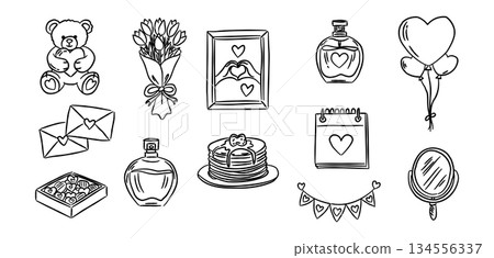 Teddy bear and pancake stack valentine hand drawn doodle vector, cute romantic perfume sketch illustration, minimalist love elements for greeting card decor Teddy bear and pancake stack valentine hand drawn doodle vector, cute romantic perfume sketch illustration, minimalist love elements for greeting card decor 134556337
